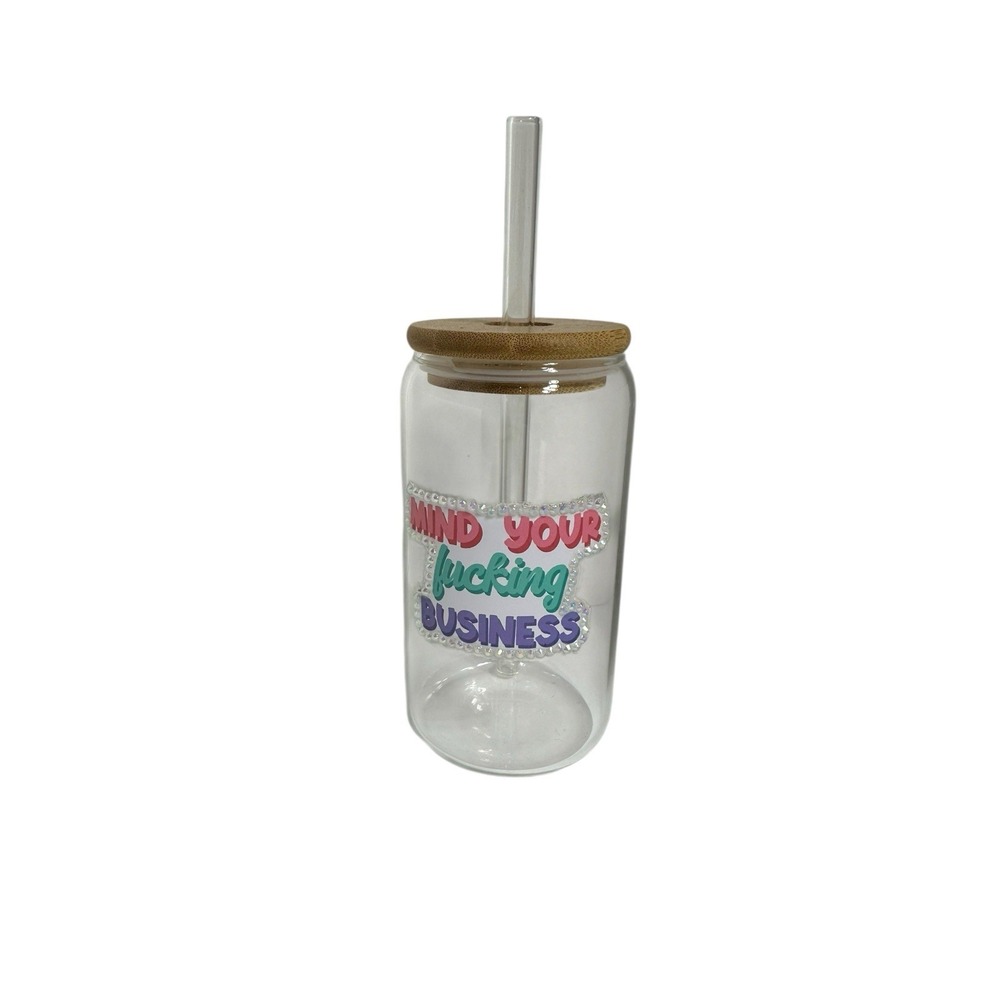 NEW custom GLASS TUMBLER‎ bamboo lid GLASS STRAW handmade mind your business